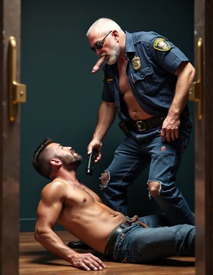 Policía de 60 años con cabello y barba blanca, descamisado, se fuma un puro tranquilamente mientras apunta con una pistola a un delincuente que ha caído al suelo. 