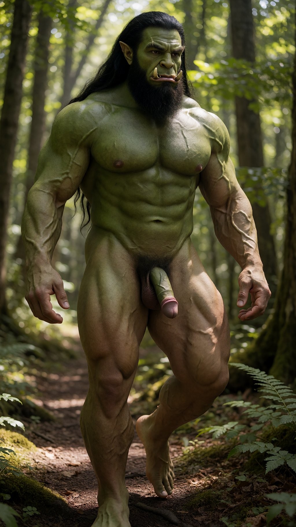 Un orco musculoso de piel verde camina desnudo por un sendero de bosque, rodeado de árboles altos, helechos y luz filtrada entre las hojas. Su físico es extremadamente definido, con pecho ancho, abdominales marcados, brazos vascularizados y piernas poderosas, resaltados por la iluminación natural. Tiene el rostro serio y amenazante, colmillos inferiores prominentes, cejas fuertes, barba negra espesa y una larga melena oscura que cae sobre los hombros. La desnudez deja visible su pene entre los muslos, en una escena de fantasía salvaje con estética realista, centrada en la fuerza física, la criatura humanoide y el entorno natural sombrío.