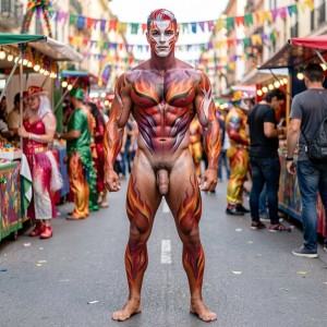Un hombre desnudo con elaborado body painting de estilo fuego y fantasía posa de frente en mitad de una calle festiva, con el cuerpo musculado cubierto por trazos rojos, naranjas, negros y dorados que resaltan el torso, los brazos y las piernas; el pene queda visible bajo la pintura corporal. Su rostro también está maquillado con un diseño simétrico rojo, blanco y negro, y el pelo teñido en tonos rojizos refuerza el aspecto teatral. Alrededor hay puestos de feria, banderines de colores colgados sobre la calle, confeti en el suelo y varias personas con disfraces brillantes, creando un ambiente de carnaval urbano, desfile y celebración callejera.