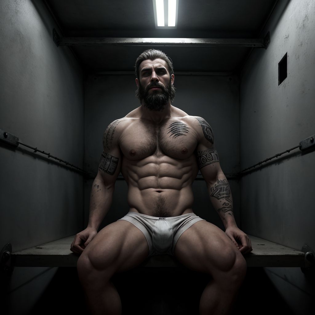 Hombres atractivos y musculosos en ropa interior, sentados en catres metálicos, en una celda de prisión oscura y sombría, con paredes de piedra frías y barrotes de hierro oxidados, iluminación tenue y sombras profundas, expresiones de desesperanza y resignación, ropa interior blanca y gris, cuerpos tonificados y definidos, tatuajes visibles en los brazos y torsos, cabello despeinado y barbas incipientes, ambiente de desolación y abandono, texturas realistas y detalles precisos, iluminación dramática y sombreado intenso.