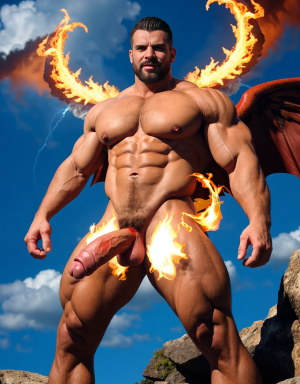 Diablo Satanás desnudos con pene grande y testículos grandes. Dobla el brazo derecho para enseñar los bíceps del brazo derecho con gran orgullo. Tiene mucho vello por todo el cuerpo. Está bronceado. Tiene alas de diablo negras y rojas oscuro. Los brazos están hacia arriba implorando rayos y fuego. Tiene un chorro de fuego en el pene que sale a chorros rojos hacia arriba de su pene erecto tieso hacia arriba. Sus ojos son grandes y rojos. Tiene testículos grandes y oscuros. Está rodeado de llamas y humo. Tienen cara de maldad y con barba. Se ven los pies. Quiero ver los pies. Está delgado. Está con los huevos gordos a la vista.