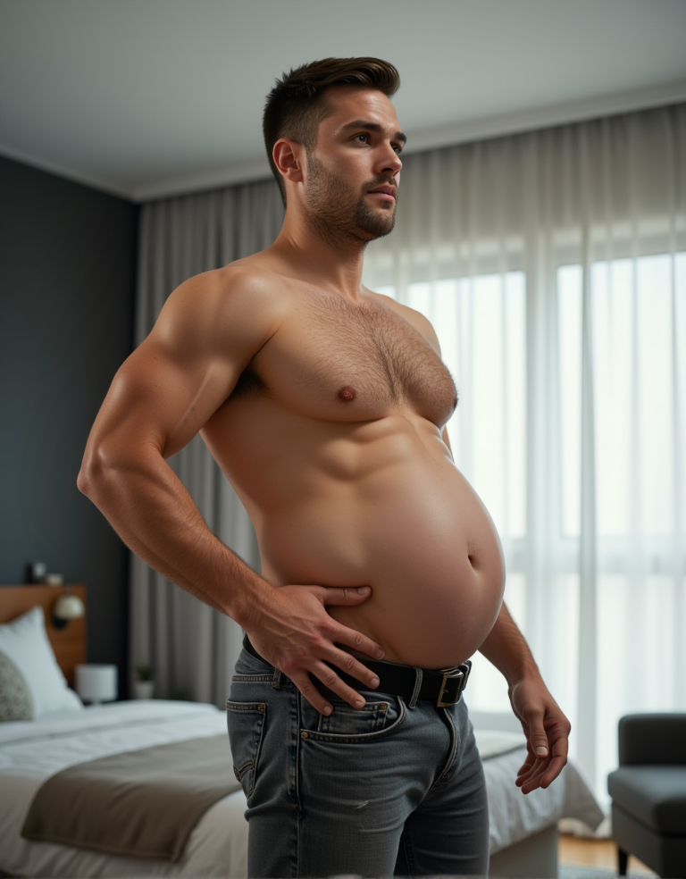 Un hombre atractivo de 29 años con un físico musculoso y perfecto, torso definido, hombros anchos, brazos fuertes y piernas tonificadas, pero con una barriga enorme y prominente que contrasta notablemente con el resto de su cuerpo atlético, su abdomen protuberante es suave y redondeado, con una capa de grasa visible que parece haber aparecido de la nada debido a un hechizo misterioso, su piel es suave y tiene un brillo saludable en todo su cuerpo excepto en la zona de la barriga, donde la piel parece estar más estirada y tensa, el hombre está de pie en una pose que intenta disimular su nueva silueta, con una expresión de sorpresa y confusión en su rostro, viste una camiseta ajustada que resalta su torso musculoso, pero que también hace que su barriga sea aún más visible, sus pantalones están ajustados a sus piernas tonificadas, pero tienen un cinturón que parece estar a punto de reventar debido a la presión de su abdomen, el fondo es un dormitorio moderno con una cama grande y una ventana grande que deja entrar mucha luz, lo que realza los detalles de su cuerpo y su expresión, hyper-realista foto con alta calidad de detalles.