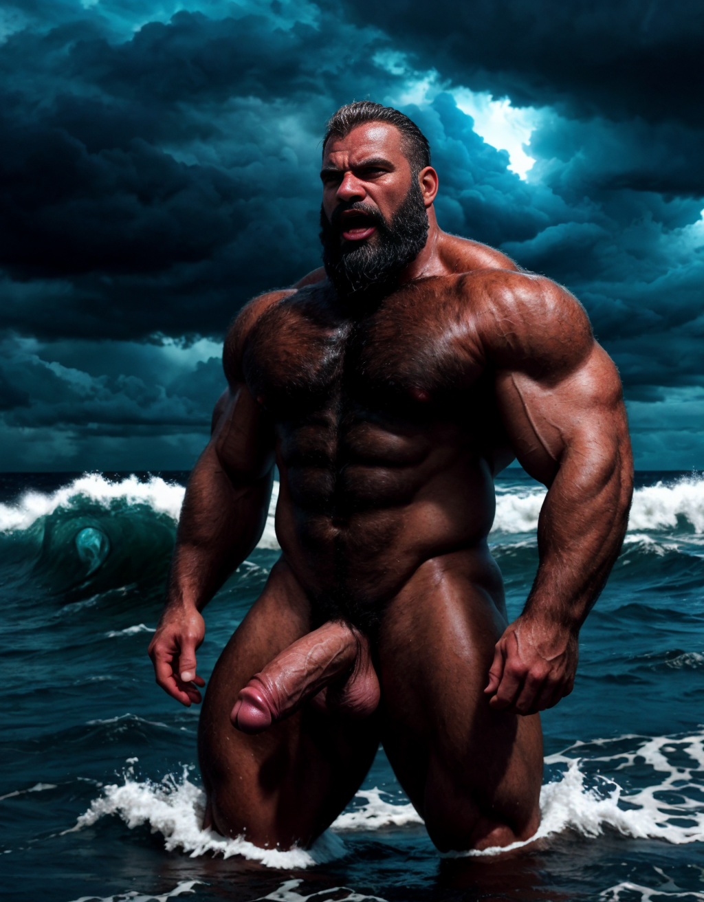 Neptuno es dios de los mares, las tempestades y los vientos. Es un dios iracundo y malhumorado, incluso violento. Está desnudo. Tiene un pene grande y largo. Tiene mucho vello.
