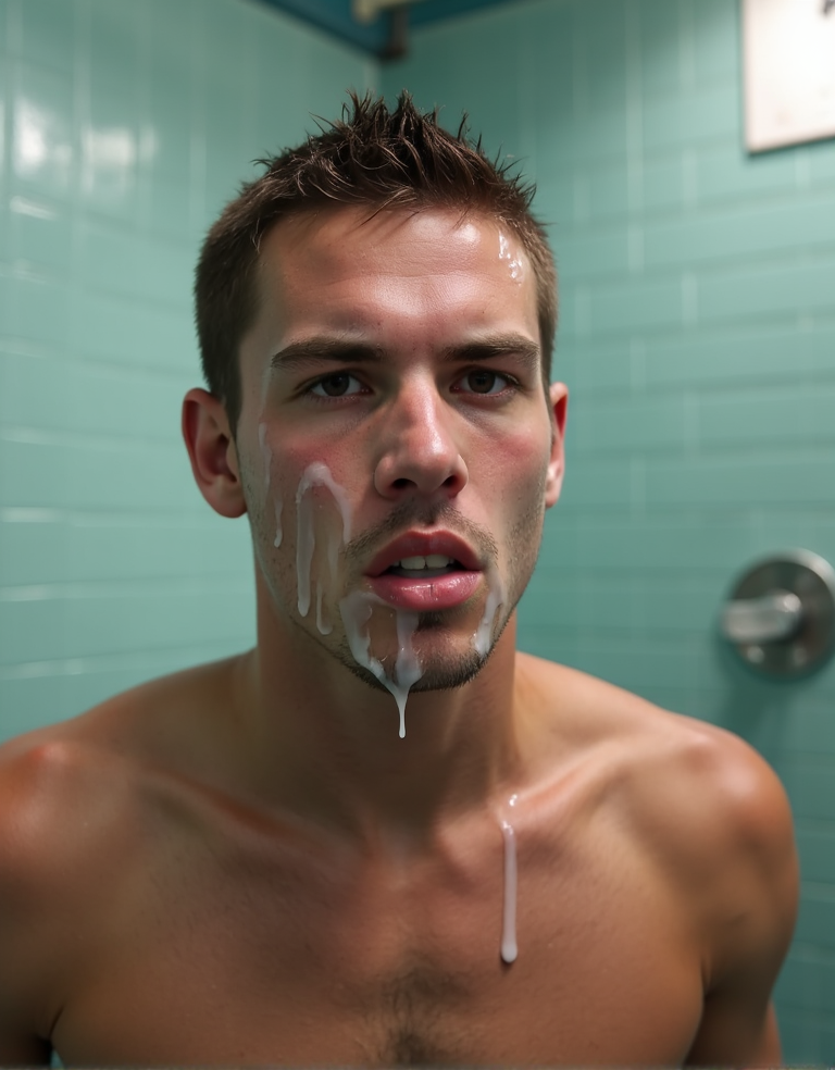 Pov. Jugador de futbol con la cara manchada de semen en un lavabo