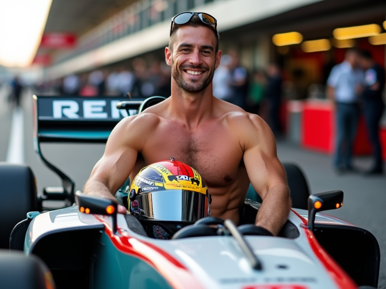 Hombre atractivo y musculoso semidesnudo, torso desnudo, con un traje de carreras de Fórmula 1 parcialmente quitado, mostrando su pecho y abdomen definidos, sentado en el asiento del conductor de un coche de Fórmula 1 de alta tecnología, con casco de carreras en la mano y gafas de sol en la frente, sonriendo confiadamente mientras se apoya en el volante, fondo de boxes de pits con mecánicos y equipo de carreras alrededor, iluminación vibrante y dinámica, texturas y detalles hiperrealistas, foco en la figura masculina y el coche de carreras.