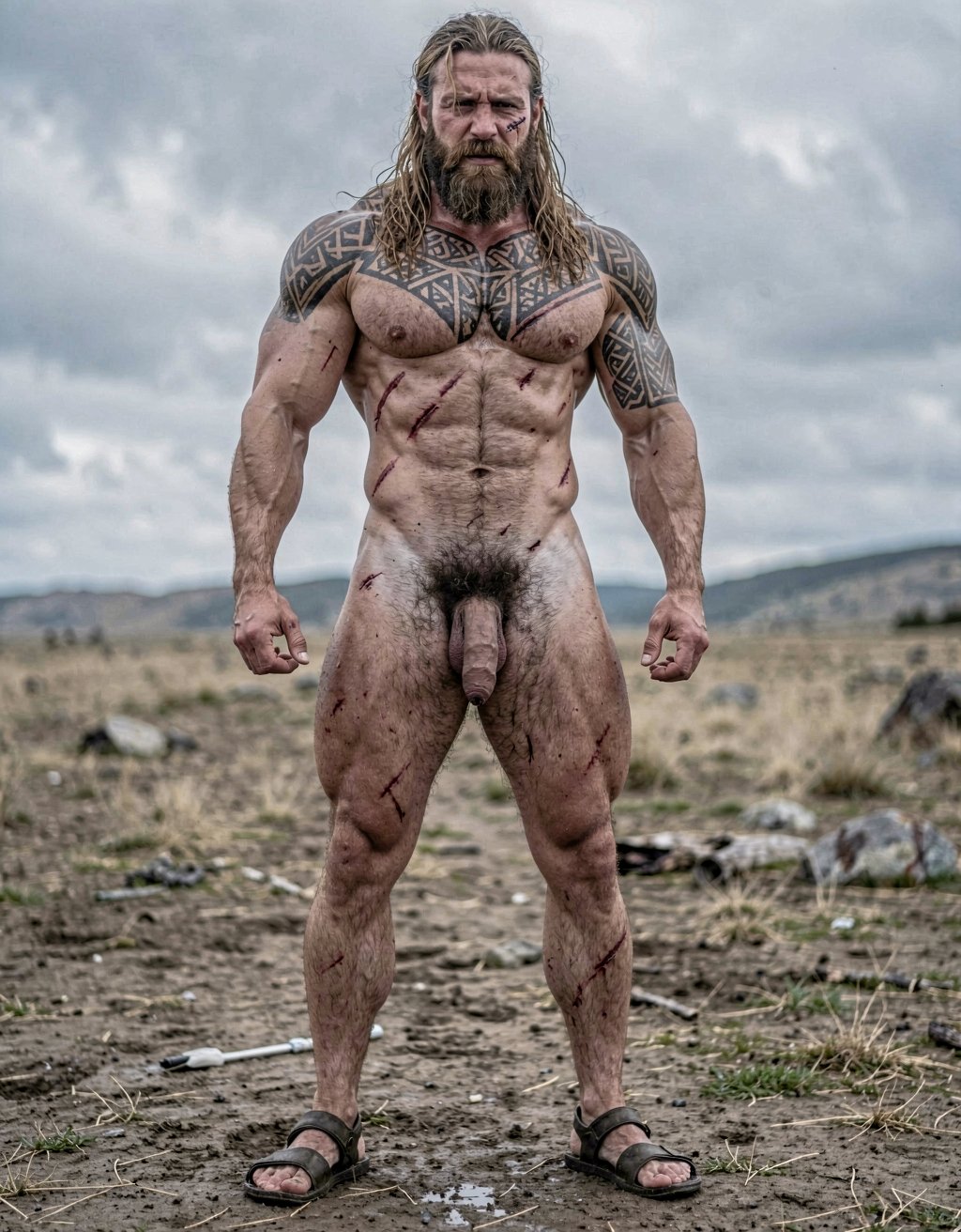 Amleth (Alexander Skarsgård) — Está de cuerpo entero desde los pies hasta la cabeza. Es el protagonista de la historia y es el príncipe vikingo que presencia el asesinato de su padre, el rey Aurvandil. Jura venganza y se convierte en un berserker implacable. Físicamente es una bestia: masivo, tatuado, cubierto de cicatrices, pelo largo y sucio. Su motivación es animal, casi mística. No es un héroe noble; es pura rabia y destino. ---
Altura imponente, unos 194 cm. Cuerpo masivo, musculatura densa y trabajada, no estilizada — parece esculpido a hachazos. Pectorales anchos y marcados y definidos, abdomen marcado pero muy definido como un culturista; es un cuerpo de 7% de grasa corporal, de guerrero que ha pasado años remando, luchando y matando. Hombros desproporcionadamente anchos, cintura más estrecha y pequeña. Brazos fuertes marcados y definidos con venas visibles en antebrazos y bíceps cuando empuña el hacha. Muslos poderosos, pantorrillas fibrosas. Piel pálida, casi grisácea bajo la suciedad y la sangre, cubierta de cicatrices: una grande que le cruza el torso, cortes menores en brazos y costillas. Tatuajes oscuros y densos — símbolos nórdicos, runas, líneas geométricas — que le cubren el pecho, los hombros y parte de la espalda. Vello corporal oscuro, especialmente en el pecho y el pubis. Cara angulosa, mandíbula cuadrada, pómulos marcados. Barba espesa y desigual, más larga en la barbilla, mezcla de rubio sucio y castaño claro, a menudo enmarañada. Pelo rubio sucio, largo, lacio, con mechones más oscuros por la mugre, a veces recogido. Cejas espesas, ojos azul pálido, mirada fija y desquiciada, con un brillo de locura contenida. Labios finos y agrietados. Cicatriz en el labio superior que le tira ligeramente la comisura. Su olor sería a cuero mojado, sudor rancio, hierro y tierra.
Tiene una polla proporcional a su tamaño de 22 cm de largo y 4 cm de ancho; está circuncidado, con el glande grueso y visible; el tronco del pene es largo, con venas marcadas que le recorren el lateral; tiene un vello púbico denso, oscuro, en forma de V invertida que le sube hasta el ombligo; tiene testículos grandes, colgando ligeramente asimétricos, con la piel del escroto arrugada y más clara que el resto del cuerpo; el pene erecto se curva ligeramente hacia arriba, con la cabeza bien definida y el frenillo tirante; su pene es una herramienta brutal, acorde con el berserker que la porta. Lleva sandalias vikingas en sus pies. Tiene mucho vello corporal, sobre todo en el pecho.
