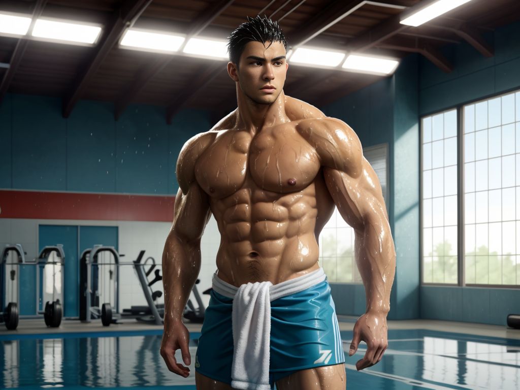 Hombre musculoso de 28 años, jugador de fútbol, cubierto de gotas de agua, parado en un gimnasio, físico atlético, torso desnudo, toalla húmeda en la cintura, piel brillante, sombras dramáticas, expresión serena y cansada, estilo fotorealista, texturas húmedas, fondo desenfocado, enfoque en la forma poderosa del jugador.