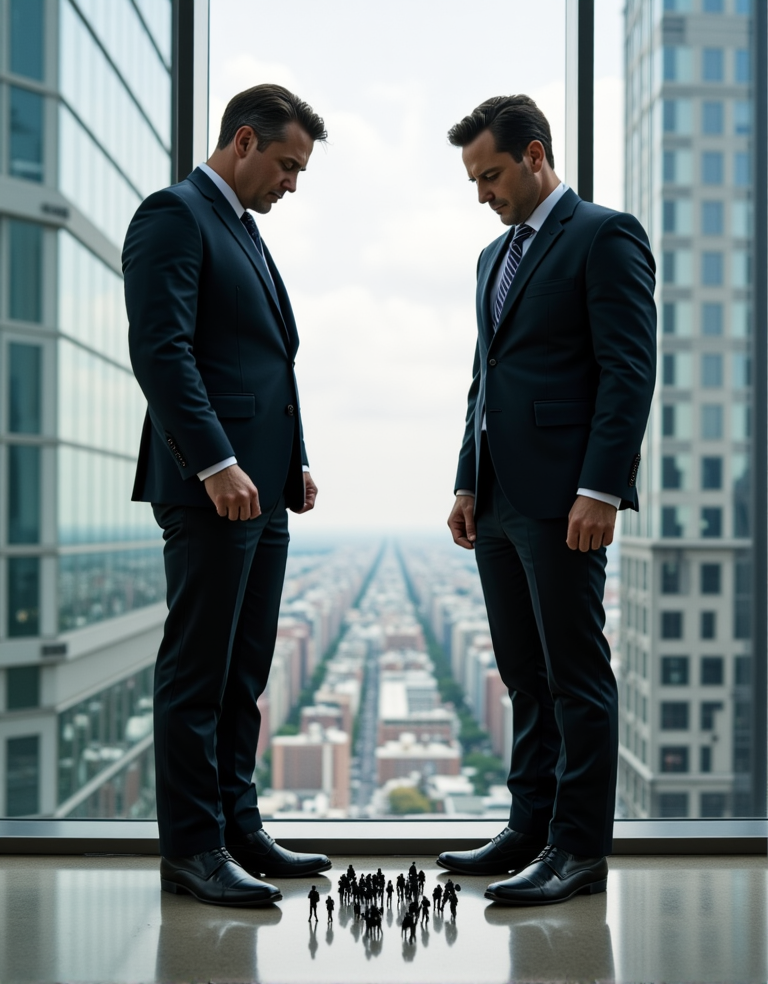 Dos hombres de negocios trajeados de manera impecable están de pie en una oficina moderna de gran altura. Junto a sus relucientes zapatos de cuero, hay diminutos hombres, de apenas 1 milímetro de altura, postrados o intentando llamar su atención. La oficina es lujosa, con ventanales que muestran un paisaje urbano. La luz entra suave y difusa, resaltando el contraste entre la inmensidad de los ejecutivos y la insignificancia extrema de los diminutos hombres. Perspectiva que enfatiza la humillación y la diferencia de tamaños.
