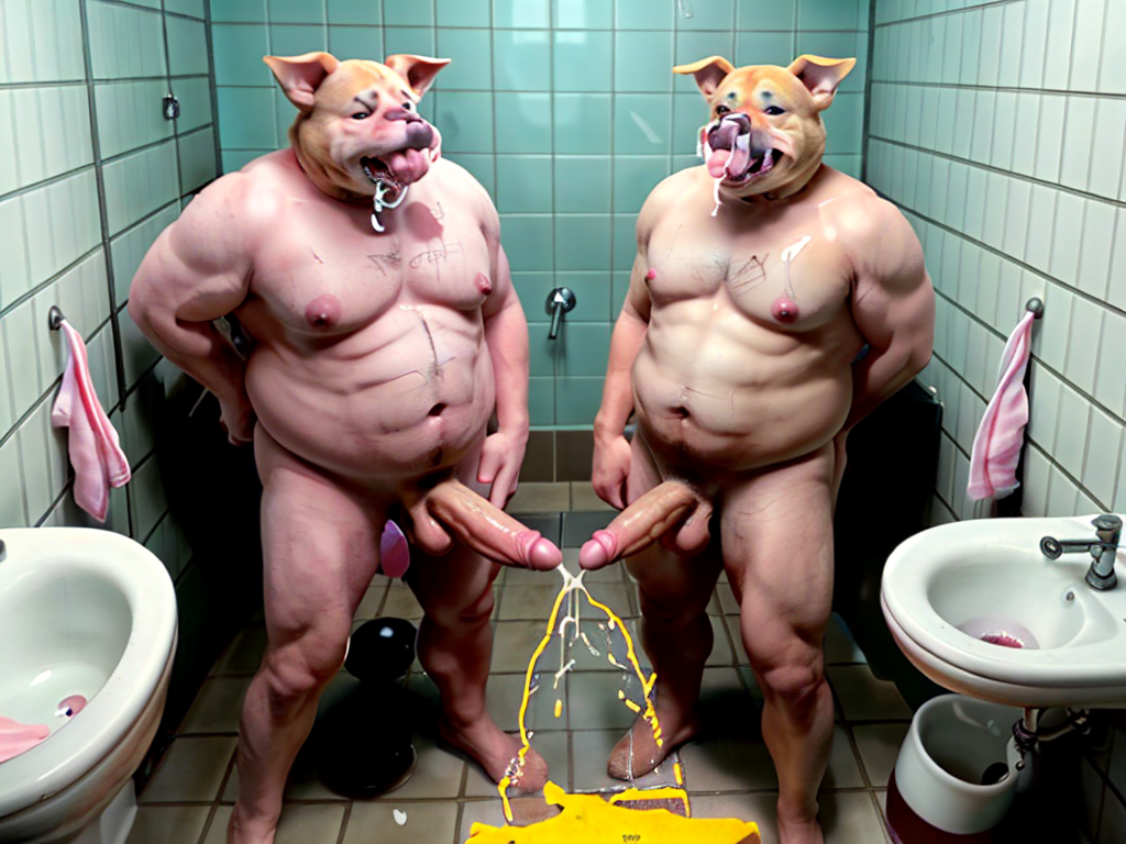 Two naked men with pig heads, muscular bodies, and prominent bellies are standing in a public bathroom with green tiles, white sinks on both sides, and pink towels hanging on the walls. Both have their hands behind their backs, their tongues out, and saliva dripping from their snouts, while their erect penises point forward and expel streams of yellow urine onto the floor, forming an intense puddle next to a fallen yellow garment. The scene combines grotesque, fetishistic, and surreal aesthetics, with cold restroom lighting, urinals or toilets partially visible, and a wet, explicit atmosphere centered on nudity, urination, and humanoid figures with masks or porcine features.