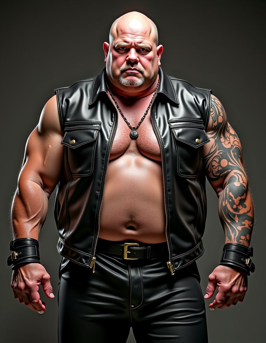 abuelo obeso cuero descamisado heavy metal