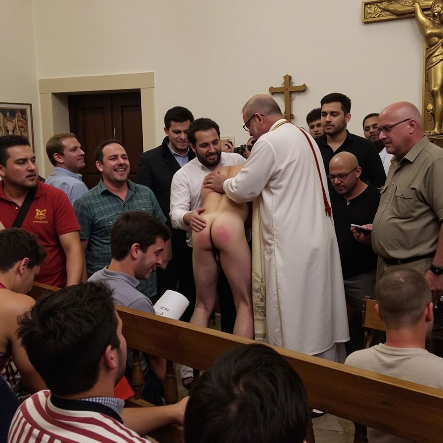Un grupo numeroso de hombres reunidos en el interior de una iglesia o capilla rodea a una persona desnuda inclinada hacia delante, con las nalgas completamente expuestas y una zona enrojecida visible en un glúteo. Un sacerdote vestido con una túnica blanca y estola roja se sitúa muy cerca, colocando las manos sobre el cuerpo desnudo en lo que parece un ritual, bendición o acto ceremonial de tono inusual. Alrededor hay bancos de madera, asistentes observando, algunos sonriendo o usando el móvil, y al fondo se distinguen una cruz y una figura religiosa dorada en la pared, reforzando el contexto católico y litúrgico de la escena.