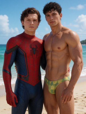Two men pose together on a sunny beach, with the turquoise sea and blue sky with clouds in the background. The one on the left wears a tight Spider-Man-style superhero suit, red and dark blue, with a web pattern, black spider emblem on the chest and integrated gloves, maintaining a serious expression for the camera. Next to him, another man appears shirtless, with a muscular, wet torso, marked abs, defined arms and water droplets on his skin; he wears a very tight green and yellow camouflage brief-style swimsuit that highlights the package area. Both are very close, with a relaxed and complicit posture, in a summer scene, sand, beach and realistic photographic aesthetic.