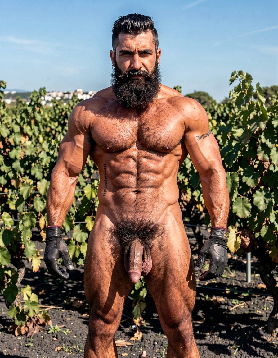 A powerful full-body frontal shot of Dimitris standing tall and imposing in the volcanic vineyards of Santorini under bright Mediterranean sunlight. He is completely naked except for his work gloves, his massively muscular body covered in thick, dense black hair from chest to pubis and down his powerful thighs. He has a high-and-tight fade haircut with short, dense, slightly wavy jet-black hair on top, a long thick well-groomed black beard that connects seamlessly to his mustache giving him a wild yet controlled look, thick dark eyebrows, heavy-lidded predatory eyes looking straight at the viewer, strong straight nose, square jaw, and a small silver hoop earring in his left ear. His neck is thick and veiny, deltoids and traps hugely developed, massive meaty pecs with a deep hairy cleavage and small dark erect nipples. His eight-pack abs are sharply defined yet realistic under a continuous thick layer of black curly hair that swirls around his navel and becomes denser downward, with pronounced obliques forming a sharp V pointing to his crotch. A small anatomical tattoo on his right biceps reads “hipsterbarba” in elegant small letters. His arms are thick, veiny and hairy, hands strong in work gloves. His waist is narrow creating a perfect V-taper, powerful hips, round hard hairy glutes. His cock is thick, long, heavy and veiny, hanging down with the foreskin partially covering the pink fleshy glans, balls large, low-hanging and extremely hairy in a wrinkled dark scrotum. Massive tear-drop quadriceps, thick adductors, developed hamstrings and hard defined calves all covered in dense black hair that thins at the knees and thickens again at the calves. The background shows lush green Assyrtiko vines growing in dark volcanic soil under a bright Santorini sky, intense natural sunlight creating strong highlights on his sweaty, tanned skin and casting realistic shadows that emphasize every muscle and every hair. Photorealistic, highly detailed, cinematic natural lighting, raw masculine power.