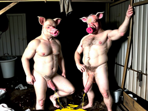 Dos hombres fofisanos algo velludos totalmente desnudos, en pŕactica  de juego de roles de gorrinos o 