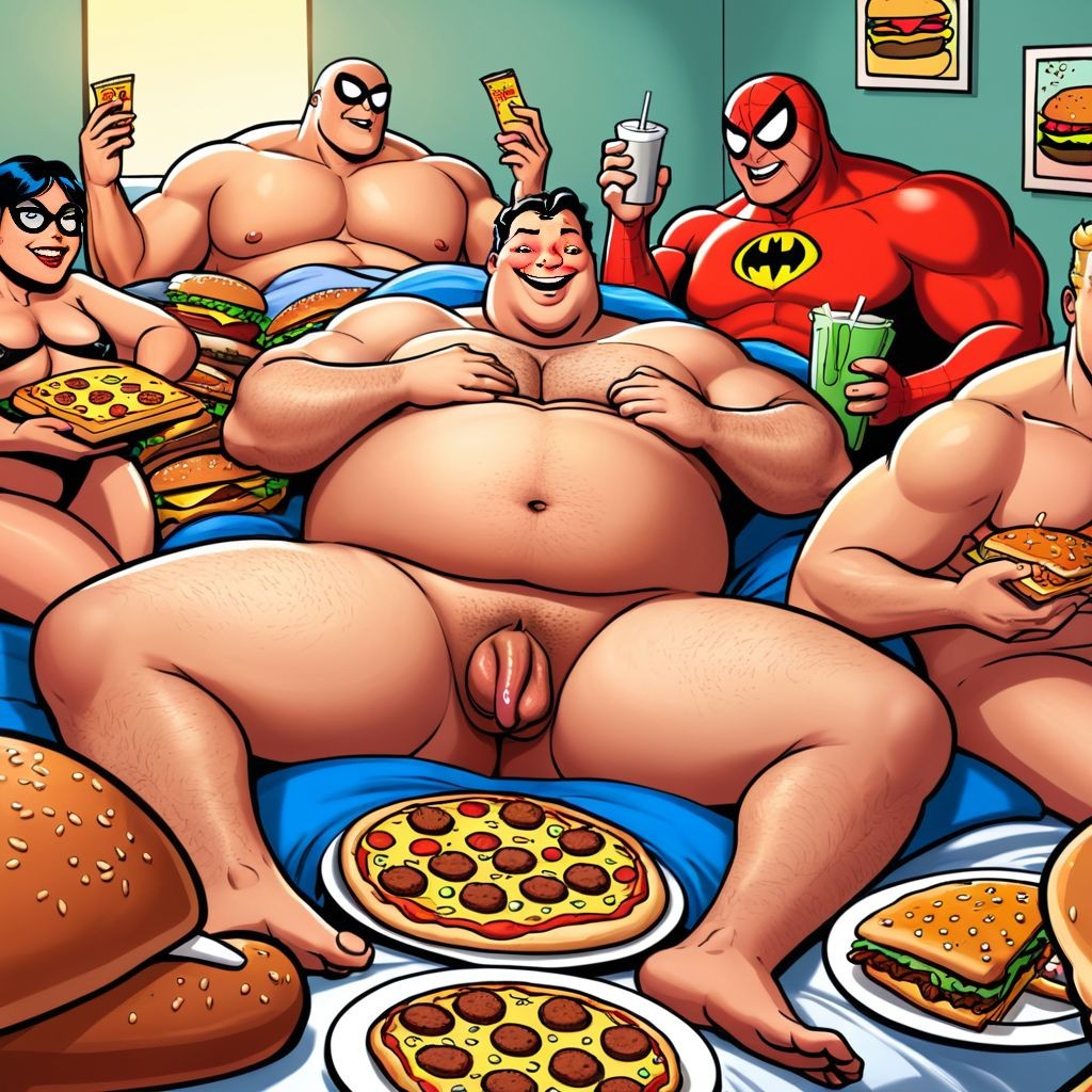 Orgy of a fat sipederman in a bed full of burgers and pizza,  visible penis