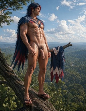 Un hombre musculoso de estética guerrera o indígena permanece de pie sobre una gruesa rama de árbol, completamente desnudo salvo por unas sandalias, un tocado o cinta roja y una capa de plumas oscuras con detalles rojos que cae desde los hombros. Su torso marcado, abdominales definidos, piernas fuertes y pene visible destacan bajo la luz natural. Sostiene una rama o bastón del que cuelga una prenda con plumas en tonos azul oscuro, blanco y rojo. Al fondo se extiende un amplio paisaje de selva y montañas bajo un cielo azul con nubes, creando una escena épica, fantástica y ceremonial.