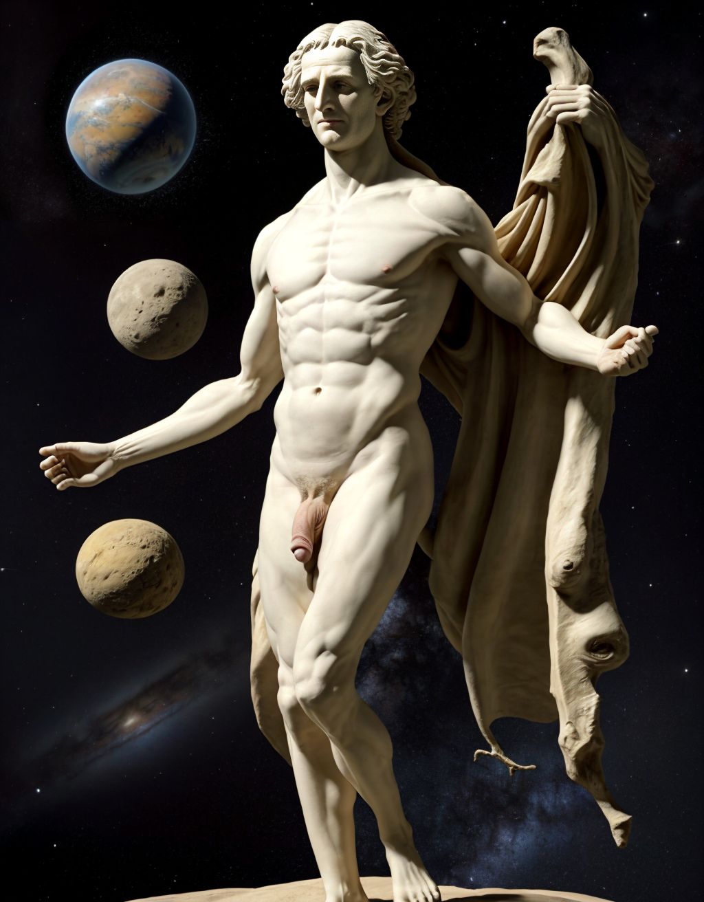Isaac Newton desnudo. Está de pie. Está totalmente desnudo musculoso. Se ve todo su cuerpo entero. Se ve su cuerpo completo.  ((Tiene pene grande erecto)). ((Tiene los testículos grandes)). Tiene mucho vello en el cuerpo. Foto muy realista texturas 8k. Está rodeado de astronomía filosofía física y las matemáticas.