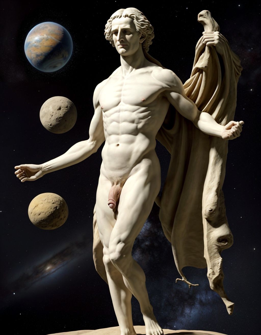 Isaac Newton desnudo. Está de pie. Está totalmente desnudo musculoso. Se ve todo su cuerpo entero. Se ve su cuerpo completo.  ((Tiene pene grande erecto)). ((Tiene los testículos grandes)). Tiene mucho vello en el cuerpo. Foto muy realista texturas 8k. Está rodeado de astronomía filosofía física y las matemáticas.