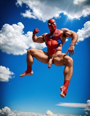 Spiderman velludo musculoso totalmente desnudo volando acostado en horizontal sobre una nube en cielo azul. Tiene el pene grande. Tiene los huevos grandes y peludos.
