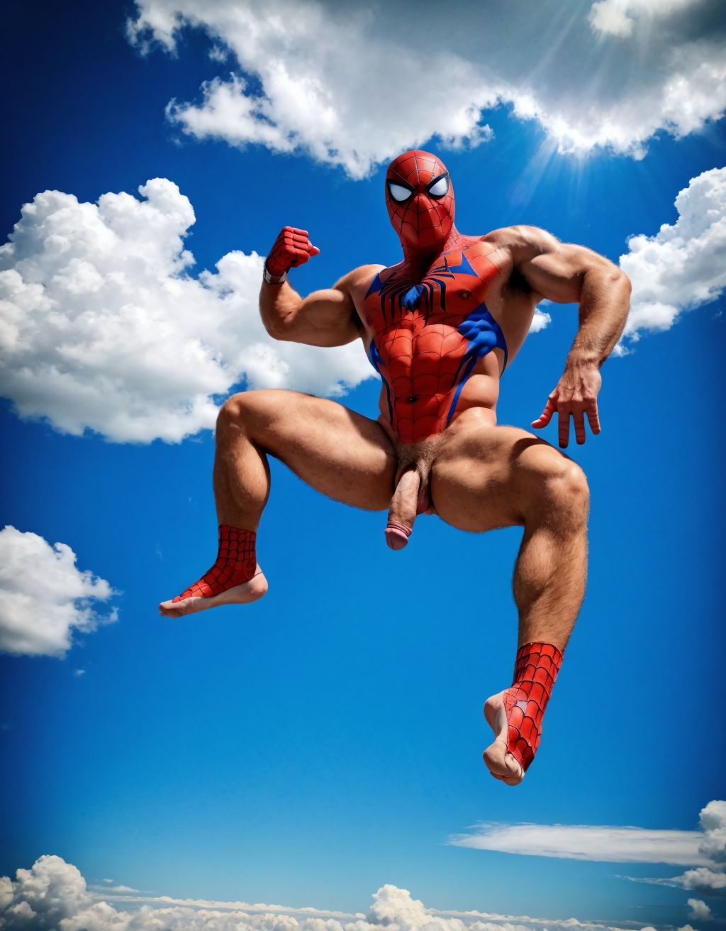 Spiderman velludo musculoso totalmente desnudo volando acostado en horizontal sobre una nube en cielo azul. Tiene el pene grande. Tiene los huevos grandes y peludos.