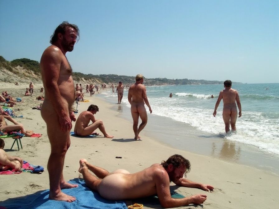 una playa nudista gay soleada con hombres treintañeros de diferentes géneros disfrutando del sol y el mar, algunos sentados en toallas coloridas y otros caminando por la orilla del agua, un hombre de unos 40 años con barba y cabello largo moreno está de pie de espaldas completamente desnudo, otro con cabello largo y ondulado está tumbada boca abajo en una toalla azul, otro sale del agua con su miembro semierecto. Al fondo se ven dunas y una pareja de hombres practicando cruising