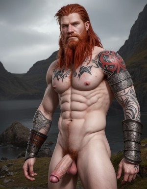 Foto muy realista texturas 8k. Guerrero nórdico desnudo, 25 años aproximadamente, rostro hermoso y simétrico, cabello rojizo, musculoso, enseñando orgulloso su pene, barba larga, tatuajes vikingos, armadura abandonada, fondo de batalla, expresión orgullosa y desafiante, piel pálida, anatomía detallada, realista y sensual.