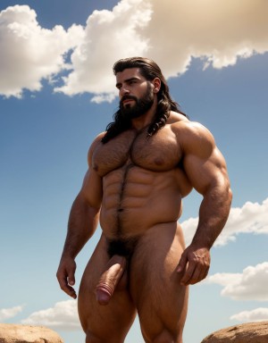 Faraón Ramsés 2 desnudo y viril. Tiene pene grande. Tiene testículos prominentes y velludos. Tiene mucho vello corporal y abundante. Tiene sandalias negras. Tienen barba perfecta. Está flotando en las nubes blancas en el cielo azul. Tiene sandalias negras. Tiene el cabello largo.Está delgado con la cintura estrecha. Tiene los pezones muy grandes y largos.