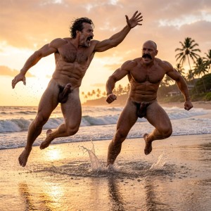Hyper-realistic cinematic full-body photograph taken from a low dramatic tracking angle on the wet Hawaiian beach at golden hour, capturing both men in an explosive action sequence with perfect anatomy, zero deformations and obsessive photorealistic detail in 8K.

Tom Selleck salta y vuela por el aire en un intento desesperado de coger a Mike Morris. Su cuerpo alto y estilizado (1,93 m, 80 kg, 8% grasa) está completamente suspendido sobre la arena mojada y las olas que rompen: piernas extendidas hacia atrás en pleno salto, brazos estirados hacia adelante con dedos abiertos intentando agarrar, torso musculoso arqueado, abdomen marcado y pecho cubierto de denso vello castaño oscuro completamente mojado. Su cara muestra pura determinación y frustración, mandíbula cuadrada apretada, bigote chevron grueso salpicado de agua, cabello ondulado pegado a la cabeza. Su polla gruesa vuela libre entre las piernas abiertas, balanceándose en el aire junto a los testículos peludos.

Delante de él, Mike Morris sigue corriendo a gran velocidad sin mirar atrás, manteniendo la ventaja. Su cuerpo compacto y musculoso old-school (32 años, 1,78 m, 95 kg) está en plena carrera explosiva: piernas potentes impulsando con fuerza brutal, brazos bombeando, torso inclinado hacia adelante en actitud animal. Su frente amplia con calvicie Norwood III-IV brilla, el bigote handlebar grueso y mojado se ve tenso, y su expresión es de pura concentración salvaje. El vello castaño oscuro extremadamente denso cubre su pecho masivo, abdomen, pubis espeso, brazos, muslos y pantorrillas; su polla gruesa de 24 cm se balancea pesadamente con cada zancada potente, salpicando agua y espuma.

Tom está en pleno vuelo a pocos metros por detrás, a punto de caer sin haberlo alcanzado. El agua salada salpica violentamente alrededor de ambos, gotas brillantes suspendidas en el aire, iluminadas por la luz dorada y cálida del atardecer hawaiano que baña sus cuerpos peludos y musculosos. Fondo de olas rompiendo, arena mojada y palmeras lejanas bajo un cielo naranja intenso. Iluminación cinematográfica perfecta, anatomía impecable, movimiento dinámico congelado con máxima claridad, pollas y vello corporal totalmente visibles y detallados, cero distorsiones.
