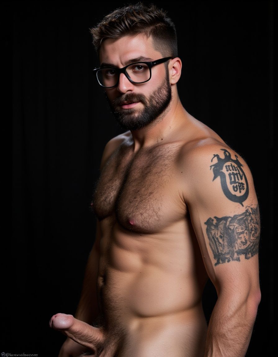 Fotografía hiperrealista de un hombre adulto musculoso a la vista desde las rodillas para arriba hasta la cabeza, rostro masculino idéntico a la imagen de referencia totalmente desnudo con polla erecta de treinta centímetros de longitud y ocho centímetros de diámetro, tiene rasgos marcados duros expresivos, barba densa poblada tupida oscura estilo hipster cubriendo completamente mandíbula mentón mejillas con grosor uniforme textura abundante muy definida, bigote denso tupido oscuro conectado perfectamente con la barba completa cubriendo completamente el labio superior, pelo oscuro medio peinado completamente recto hacia arriba con volumen considerable estilo hipster moderno quiff puntas verticales texturizadas hacia el cielo con altura prominente, cejas gruesas oscuras pobladas muy marcadas definidas, gafas de montura completa negra cuadradas grandes estilo hipster moderno sobre el puente de la nariz enmarcando unos ojos oscuros intensos que miran directamente a cámara con expresión seria penetrante confiada, expresión facial seria masculina sin sonrisa con mirada directa desafiante, pómulos marcados definidos angulares, nariz recta proporcionada, labios medios apenas visibles completamente cubiertos por bigote denso que conecta con la barba hipster completa, torso desnudo muy musculoso con pectorales enormes desarrollados y definidos y velludos peludos, hombros anchos musculosos deltoide prominentes, brazos musculosos gruesos con bíceps y tríceps marcados visibles a ambos lados del cuerpo, abdomen tonificado marcado visible desde la cintura, piel con textura realista detallada poros imperfecciones sutiles, vello corporal denso oscuro abundante cubriendo pectorales abdomen brazos hombros con textura natural masculina muy visible, tatuaje en tinta negra en el bíceps del brazo derecho con la palabra exacta a la vista 
