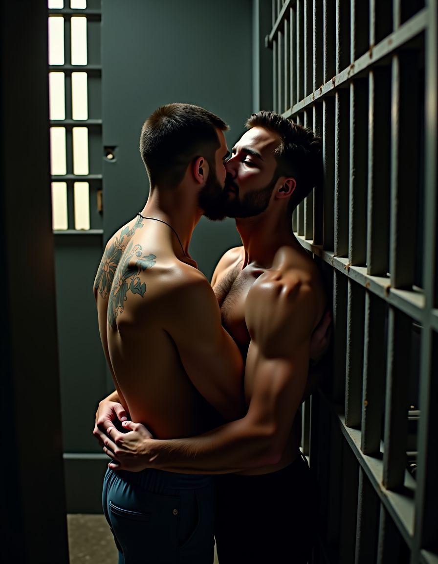 Dos hombres en una celda de prisión, iluminados por la tenue luz que se filtra entre los barrotes. Sus cuerpos se entrelazan intensamente. Uno de ellos, con tatuajes en la espalda, está de pie junto a la pared mientras el otro, con una barba incipiente, lo abraza por detrás. La atmósfera es cargada y primitiva, reflejando la pasión y el deseo que comparten en secreto detrás de las barreras de acero.
