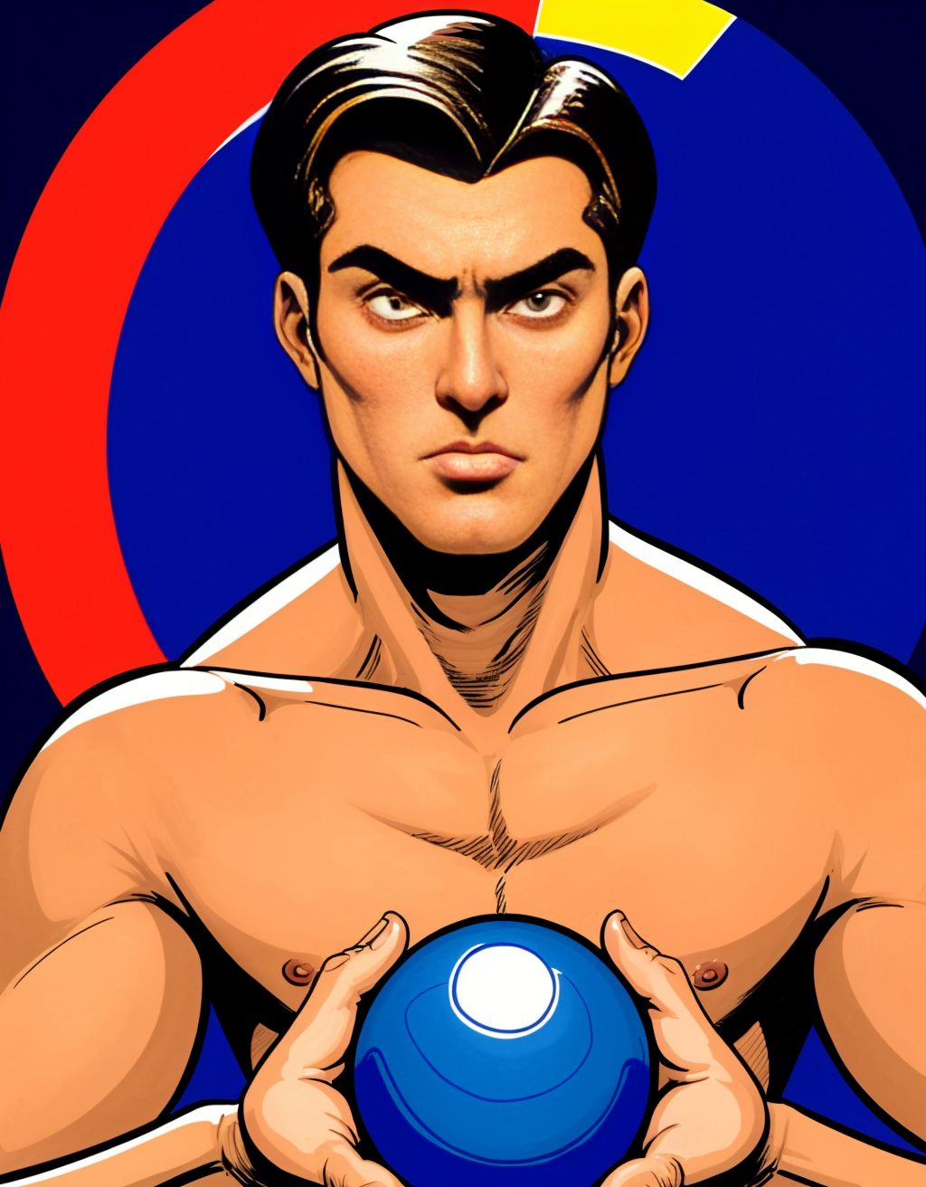 Hombre desnudo de 25-30 años, pelo oscuro, ojos marrones intensos, equilibrado sobre una esfera gigante de azulejos de espejo, con expresión de intensidad controlada y miedo, manos extendidas, dedos separados, contra un fondo índigo oscuro con iluminación dramática. Estilo pop art