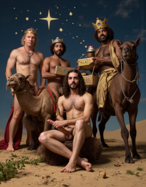 Los Reyes Magos:
Melchor es un hombre de 60 años, tiene una larga cabellera, tiene barba blanca, es de Europa. Está totalmente desnudo pero lleva corona de rey 👑, en sus manos lleva un cofre con oro. Tiene un cuerpo con músculos marcados y definidos. Tiene un pene erecto de 36 cm de longitud y 7 cm de diámetro. Tiene mucho vello corporal blanco. 💪🏼

Gaspar es un hombre de 30 años con rasgos asiáticos y una barba rubia, está totalmente desnudo pero lleva una corona de rey 👑, tiene un cuerpo atlético y vigoroso, tiene mucho vello corporal rubio, tiene una bandeja con incienso en sus manos. 👑💪🏼
Baltasar es un hombre de 45 años de edad proviene de África, tiene piel oscura, es moreno, lleva un tarro de mirra. Tiene cuerpo atlético con músculos muy marcados, tiene mucho vello negro rizado por todo el cuerpo, su cabello es abundante rizado y negro, tiene una barba negra abundante, tiene un enorme pene erecto de 40 cm de longitud y 9 cm de diámetro. 👑
En está la estrella de Oriente, y muchas pequeñas estrellas de colores. En el suelo está escrito: “Reyes de Oriente” en español. Están contentos y sus penes están muy erectos. Están sentados en un camello.