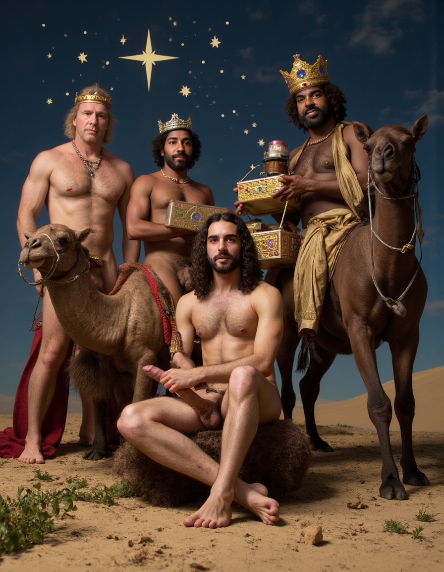 Los Reyes Magos:
Melchor es un hombre de 60 años, tiene una larga cabellera, tiene barba blanca, es de Europa. Está totalmente desnudo pero lleva corona de rey 👑, en sus manos lleva un cofre con oro. Tiene un cuerpo con músculos marcados y definidos. Tiene un pene erecto de 36 cm de longitud y 7 cm de diámetro. Tiene mucho vello corporal blanco. 💪🏼

Gaspar es un hombre de 30 años con rasgos asiáticos y una barba rubia, está totalmente desnudo pero lleva una corona de rey 👑, tiene un cuerpo atlético y vigoroso, tiene mucho vello corporal rubio, tiene una bandeja con incienso en sus manos. 👑💪🏼
Baltasar es un hombre de 45 años de edad proviene de África, tiene piel oscura, es moreno, lleva un tarro de mirra. Tiene cuerpo atlético con músculos muy marcados, tiene mucho vello negro rizado por todo el cuerpo, su cabello es abundante rizado y negro, tiene una barba negra abundante, tiene un enorme pene erecto de 40 cm de longitud y 9 cm de diámetro. 👑
En está la estrella de Oriente, y muchas pequeñas estrellas de colores. En el suelo está escrito: “Reyes de Oriente” en español. Están contentos y sus penes están muy erectos. Están sentados en un camello.
