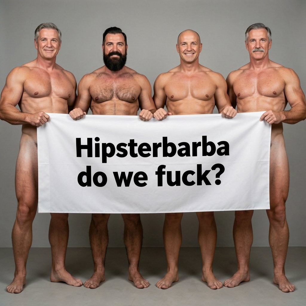 Four naked muscular men holding horizontal banner ultra high quality 8K photorealistic full body shots: El Comandante Spanish military leader 45 years short gray hair stern commanding face muscular trained body 185cm 85kg standing far left holding left edge of white banner with both hands completely naked massive erect uncircumcised penis 25cm thick veiny shaft visible below banner heavy balls alpha dominant stance proud posture, Soldado Bartolo Spanish soldier 35 years thick dark full beard short hair very hairy muscular chest arms legs groin 180cm 80kg standing center-left holding banner completely naked large erect uncircumcised penis 18cm thick visible hairy balls masculine hairy build playful smirk inviting expression, Superman alien superhero 195cm 100km perfect bronzed smooth hairless skin short black hair with characteristic curl bright blue eyes massive superhuman muscles standing center-right holding banner completely naked enormous erect penis 23cm steel hard thick shaft visible smooth heavy balls god-like physique confident smile heroic presence, General Rodolfo Castaños 60 years short gray military hair thick gray mustache experienced muscular body 175cm 75kg standing far right holding right edge of banner completely naked thick erect penis 20cm visible mature heavy balls military bearing knowing seductive expression, all four men standing in horizontal line full body visible head to feet holding between them large stretched white fabric banner at chest level bold black text spelling Hipsterbarba follamos with question mark clearly legible professional typography all four erect penises balls legs feet completely visible below banner military office background warm professional studio lighting 8K photorealistic resolution masterpiece quality inviting seductive expressions.