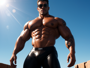 Hombre gigante de 190 cm, 120 kg de músculo, pectorales de 15 cm, bíceps de 50 cm, cintura de 85 cm, muslos de 70 cm, torso en V, abdominales definidos, brazos venosos y tatuados, piel bronceada, gafas de sol, pantalones negros ajustados, pose dominante, iluminación solar intensa, sombras marcadas, anatomía hiperrealista, venas visibles, expresión de superioridad.