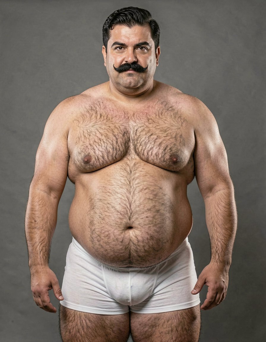 Un hombre de sesenta años, con una constitución fuerte y robusta, pesando alrededor de 140 kilos, presenta una barriga impresionante y prominente. Su rostro está adornado con un bigote estilo Dalí, grueso y bien definido, que le confiere un aire de distinción y elegancia. Viste slips blancos que marcan claramente la silueta de su pene, que aunque es pequeño, tiene un grosor notable. La ausencia de camiseta permite apreciar su torso peludo, con un vello abundante que cubre su pecho y abdomen, resaltando su masculinidad. La imagen debería ser hiperrealista, con detalles de alta calidad, capturando la textura de su piel, el brillo de su bigote y la suavidad de su vello corporal. La iluminación debería ser suave, con sombras que realcen la forma de su cuerpo y resalten su presencia imponente. 140 kilos de peso
