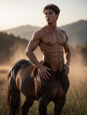 Un centauro masculino de aspecto atlético posa en un campo de hierba alta al atardecer, con torso humano desnudo, musculatura muy marcada, abdominales definidos, pecho y brazos tensos bajo una luz cálida y dorada. Su parte inferior es la de un caballo oscuro y robusto, con pelaje castaño negro brillante, grupa poderosa y patas parcialmente ocultas entre la vegetación. El personaje mira hacia un lado con expresión seria y concentrada, el pelo despeinado por el ambiente exterior, mientras apoya las manos sobre la unión entre el cuerpo humano y equino. Al fondo aparecen montañas desenfocadas, polvo en suspensión y una atmósfera cinematográfica de fantasía mitológica, fuerza física y naturaleza salvaje.