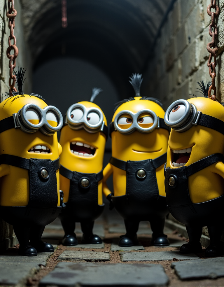 Una escena oscura y provocativa, cinematic lighting, mazmorra de piedra con paredes húmedas y cadenas oxidadas, cuatro Minions vestidos con arneses de cuero negro y ajustados, destacando sus cuerpos amarillos y redondos, con correas y hebillas de metal brillante, expresiones traviesas y juguetonas en sus caras, posiciones sugerentes y provocativas, algunos con las piernas abiertas y los brazos atados a las paredes, otros con las manos detrás de la espalda y las cabezas inclinadas, iluminación tenue y sombría, sombras profundas y misteriosas, texturas detalladas y realistas, ambiente de poder y sumisión, BDSM, fetish, arneses y cuero, Minions en una mazmorra de fantasía oscura y erótica.