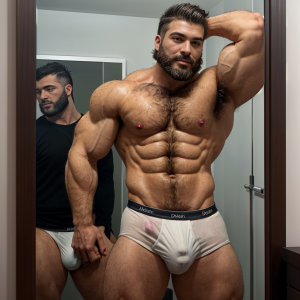 Macho barbudo, hiper masculino, se está mirando en el espejo, tiene un cuerpo musculoso y velludo, está en calzoncillo medio erecto al contemplarse y en ese momento entra  su hermano en la habitación sorprendiéndolo y se ruboriza un poco con cierta hetero curiosidad al ver tal cuerpo y erección