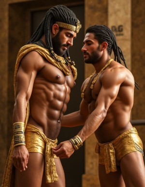 Akhenatón (originalmente llamado Amenhotep IV) fue un faraón egipcio que gobernó durante la Dinastía XVIII (Imperio Nuevo), aproximadamente entre 1353 a.C. y 1336 a.C. Es un hombre faraón de los más fascinantes y revolucionarios de la historia egipcia debido a su radical reforma religiosa. Está totalmente desnudo y en sus pies lleva sandalias de lujo de oro. Tiene un pene erecto de 20 cm de longitud y 8 cm de diámetro. Es admirado por su bello cuerpo de atleta. Tiene grandioso pene de 22 cm de longitud y 9 cm de diámetro y lo tiene en erección. Tiene el pene erecto. Aspecto muy masculino. A su lado hay otro hombre que lo ama, está detrás de él con la mano derecha en su pene, cogiendo el pene con pasión, su pene de 30cm de longitud y 9 cm de diámetro se lo mete en el ano, meneando la polla y acariciando su culo con amor ❤️ . Tienen todos los músculos en tensión, es una imagen muy masculina y viril. Penes en erección, muy excitados. Mucho amor. Sexo explicito muy potente, pasión. Abrazo. Beso en los labios. Sexo anal. El esfínter anal en primer plano