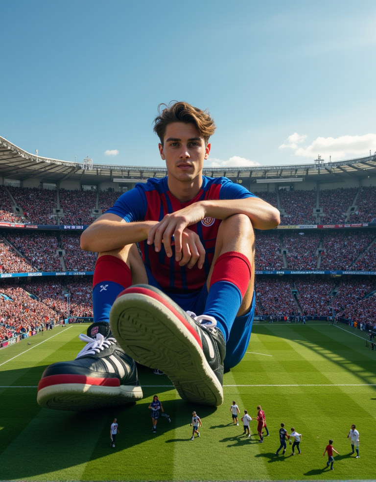 giant man 23 years old sitting on a tiny small football stadium full of people, with his giant sneakers visible