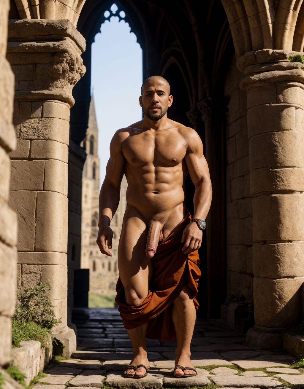 Un monje desnudo, tiene pene grande y tiene testículos gordos. Está en la abadía medieval normanda de Mont Saint-Michel. Es el escenario de la peculiar forma de vida del monje donde se pautan meticulosamente el sexo entre hombres con amor oral y con amor anal. Contemplación de los cuerpos de hombres desnudos y descanso. Está el Reloj de la sabiduría de Enrique Susón del siglo XV. Tiene un pene grande perfecto. Tiene sandalias en los pies.