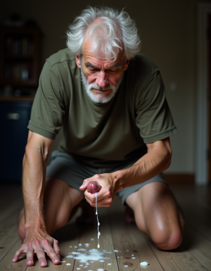 Primer plano mirando de rodillas como sale el semen de una polla de un hombre 70 años 