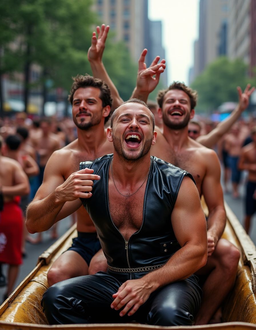 A group of smiling men celebrates on a crowded urban street, seated in a narrow boat or float moving among tall buildings and trees. In the foreground stands out a muscular man wearing an open black leather vest, tight shiny pants, a chain at his waist, and visible chest hair, laughing energetically while holding a drink can. Behind him are two shirtless men, also laughing and raising their arms in a festive attitude, surrounded by a blurred crowd suggesting a parade, street party, or Pride celebration, with a summery, carefree, and very lively atmosphere.