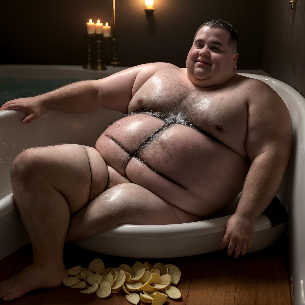 Hombre obeso en bañera llena de mantequilla derretida, bacon crujiente y albóndigas con salsa de tomate, rodeado de patatas fritas esparcidas en el suelo, piel sudorosa y brillante, expresión de placer, agua grasosa, ambiente sensual y decadente.