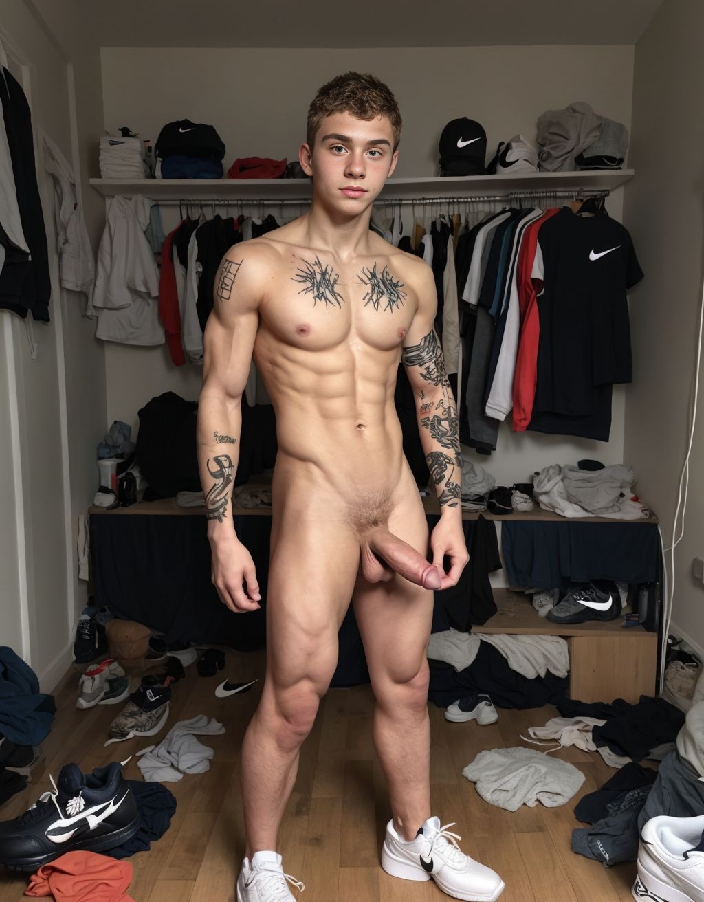 Young naked man standing in a messy bedroom, looking directly at the camera with a neutral expression and frontal posture. He has a muscular torso, defined abs, several tattoos on his chest, arms, and forearms, and is wearing only white sneakers; the penis is exposed and visible in the center of the composition. The background shows an open closet with hangers, T-shirts, hoodies, and Nike caps, as well as clothes and sneakers scattered across the wooden floor, creating an intimate, informal, and chaotic personal bedroom atmosphere.
