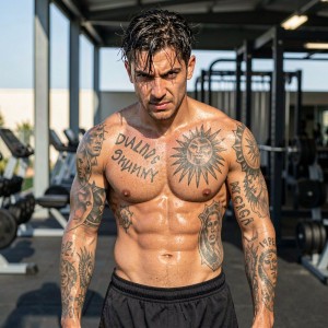 chico joven español 18-20 años, cuerpo tonificado y sudado, brillo en la piel, tatuado torso y brazos, múltiples tatuajes, pinta de malote chulesco, cara de cabrón desafiante, mirada agresiva y retadora, expresión de peligro, pelo mojado revuelto, sin camiseta, pantalón corto deportivo, luz de gimnasio o exteriores, fotografía hiperrealista, alta definición, 4k.