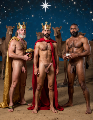 Los Reyes Magos:
Melchor es un hombre de 60 años, tiene una larga cabellera, tiene barba blanca, es de Europa. Está totalmente desnudo pero lleva corona de rey 👑, en sus manos lleva un cofre con oro. Tiene un cuerpo con músculos marcados y definidos. Tiene un pene erecto de 36 cm de longitud y 7 cm de diámetro. Tiene mucho vello corporal blanco. 💪🏼

Gaspar es un hombre de 30 años con rasgos asiáticos y una barba rubia, está totalmente desnudo pero lleva una corona de rey 👑, tiene un cuerpo atlético y vigoroso, tiene mucho vello corporal rubio, tiene una bandeja con incienso en sus manos. 👑💪🏼
Baltasar es un hombre de 45 años de edad proviene de África, tiene piel oscura, es moreno, lleva un tarro de mirra. Tiene cuerpo atlético con músculos muy marcados, tiene mucho vello negro rizado por todo el cuerpo, su cabello es abundante rizado y negro, tiene una barba negra abundante, tiene un enorme pene erecto de 40 cm de longitud y 9 cm de diámetro. 👑
En el fondo hay tres camellos y la estrella de Oriente, y muchas pequeñas estrellas de colores. En el suelo está escrito: “Reyes de Oriente” en español.