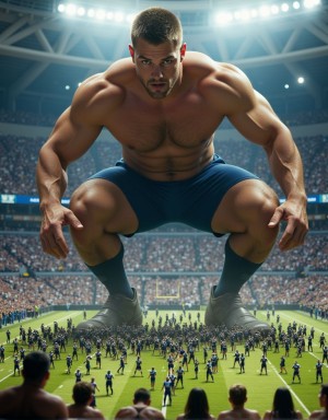 hombre caucasico de 23 años gigante masivo aplasta un diminuto estadio de futbol lleno de diminutas personas, macrophilia.