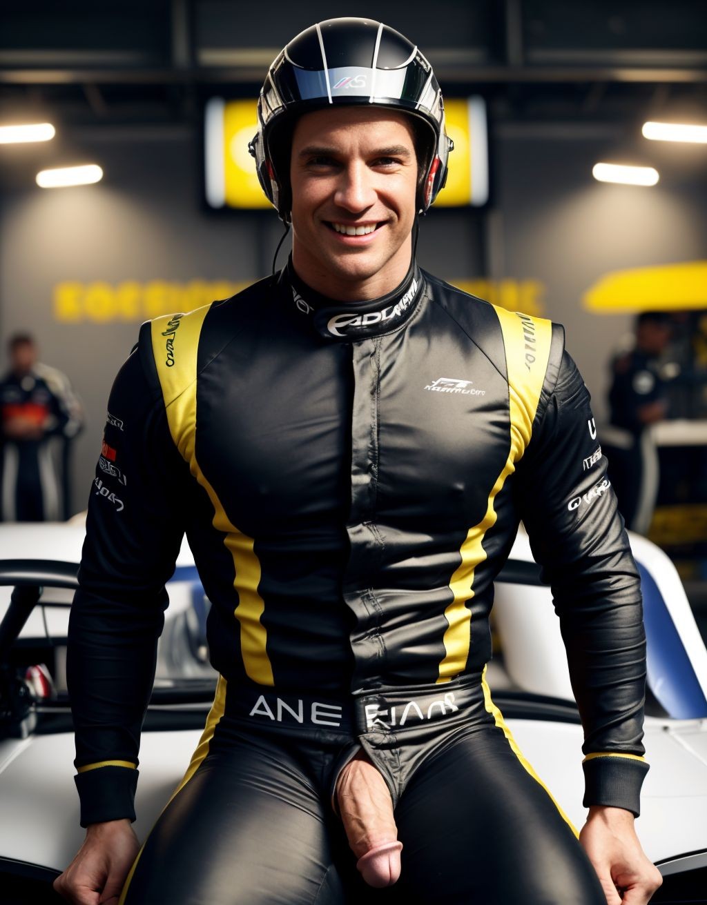 Hombre musculoso semidesnudo, pene visible, torso desnudo, con traje de Fórmula 1 parcialmente quitado, mostrando pecho y abdomen definidos, sentado en un coche de Fórmula 1, casco en mano, sonriendo confiadamente, fondo de boxes con mecánicos, iluminación vibrante, texturas hiperrealistas, foco en la figura masculina y el coche